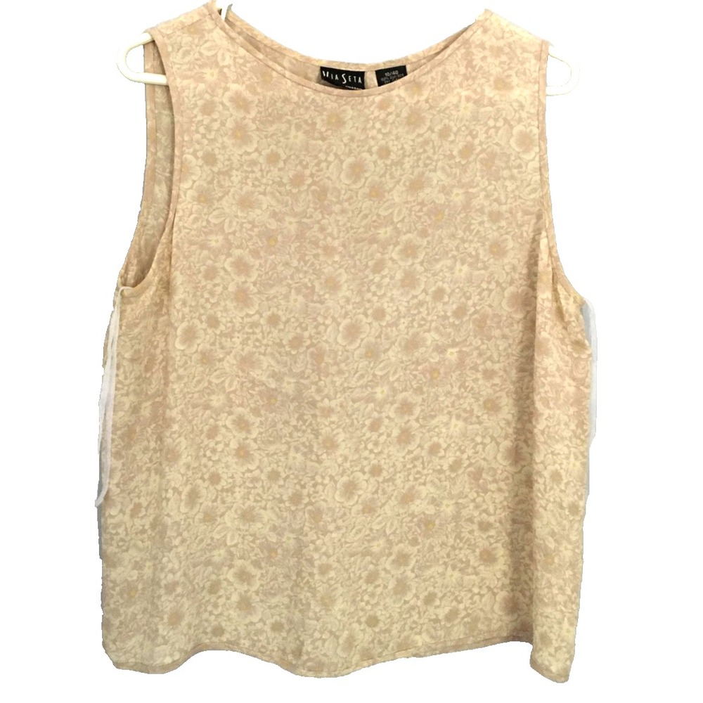 Via Seta by Irma Flanagan Shirt Womens‎ 10 Beige 100% Silk Floral Sleeveless